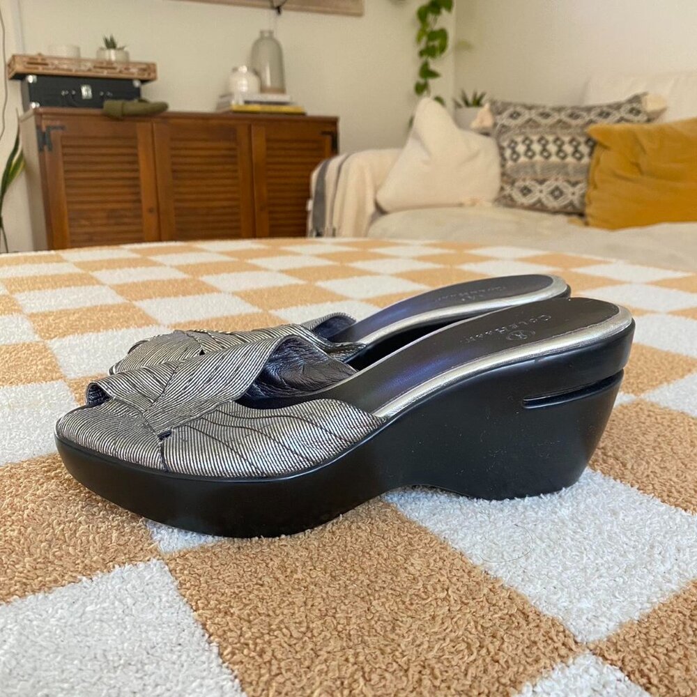 COLE HAAN SILVER BLACK WEDGES PEEP TOE VINTAGE SIZE 8.5